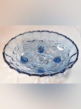 Blue Pressed Glass Fruit Bowl - Decorative Home Art